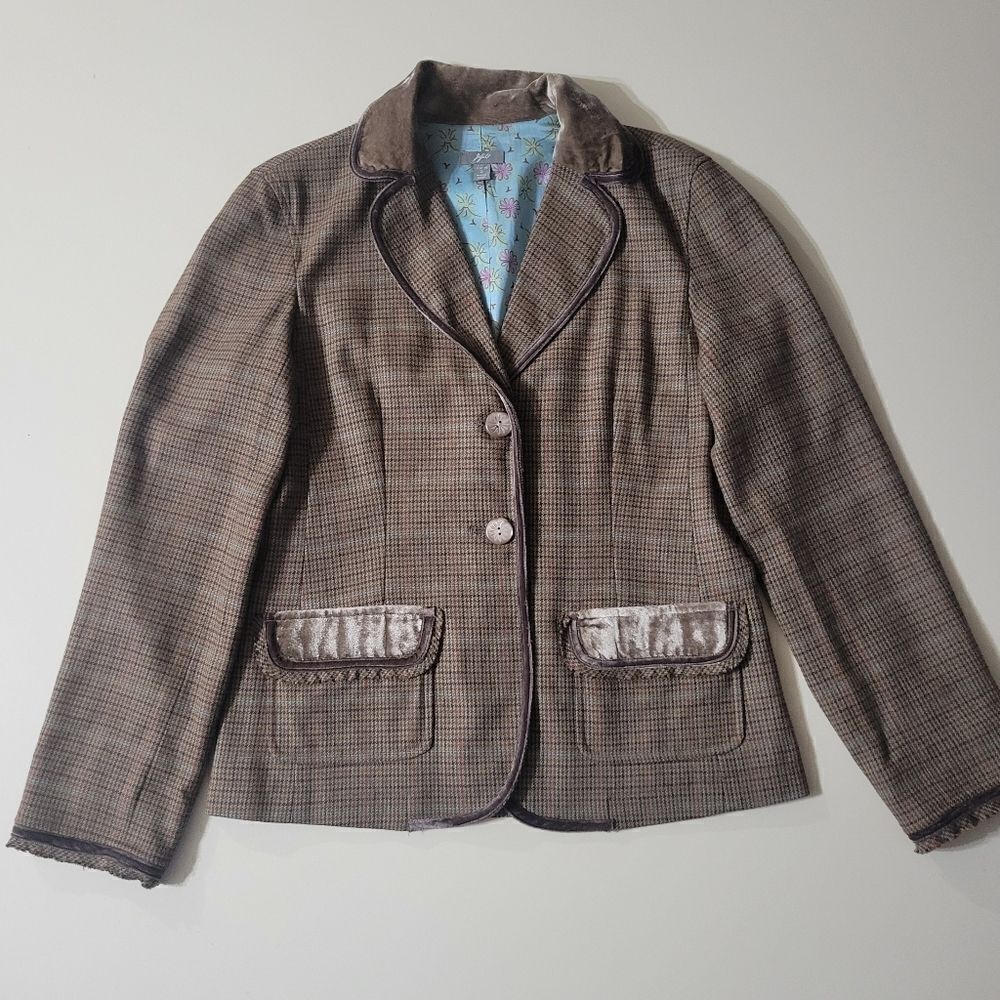 J. Jill Brown Tweed Plain Lined Velvet Trim Blazer Jacket
